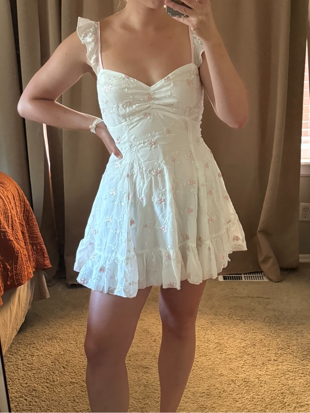 Lucy in the Sky White Mini Dress with Pink Floral Embroidery
